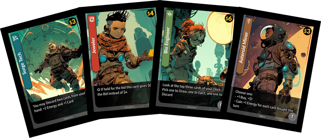 Sample of Race to Kepler cards showing different card types