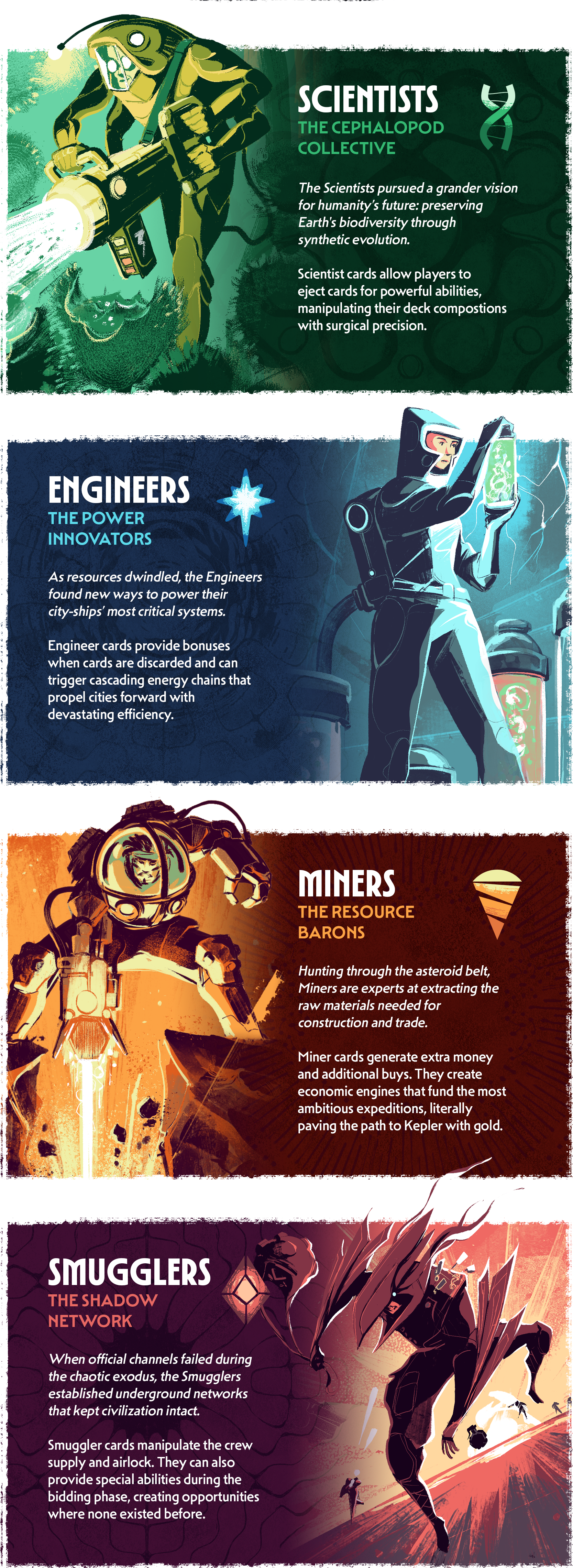 Crew classes — Scientists, Engineers, Miners, and Smugglers